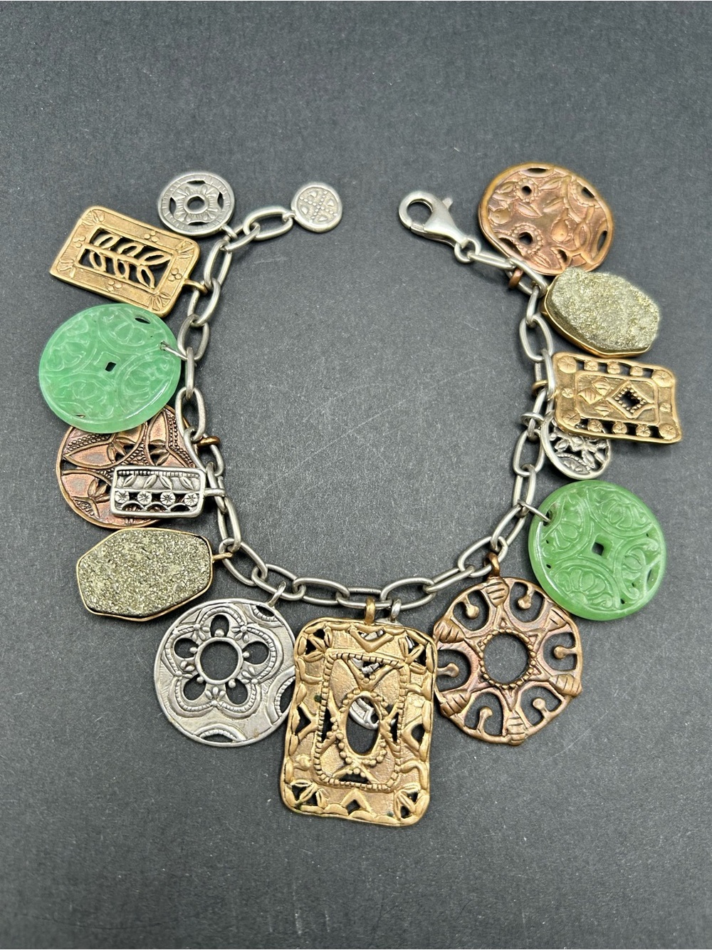 Silpada Treasure Trove Sterling Pyrite Copper and Jade Charm Bracelet